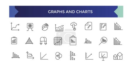 Diagramm- und Diagrammzeilensymbole. Zur Vektorillustration gehören Symbole - Datenanalyse, Diagramm, Statistik, Histogramm, Wirtschaftspiktogramm für die infografische statistische Präsentation.