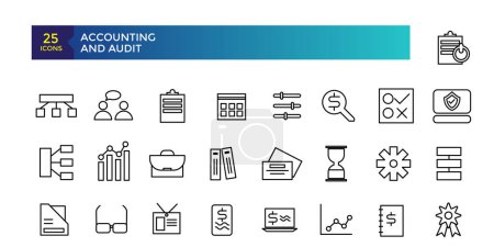 Iconos de línea de contabilidad y auditoría relacionados con contabilidad, auditoría, impuestos. Esquema de colección de iconos. Símbolos comerciales. Ilustración vectorial.