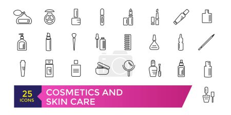 Ilustración de Set de iconos de cosméticos y cuidado de la piel. Crema hidratante, ácido, suero antiarrugas, protector solar. - Imagen libre de derechos