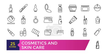Ilustración de Set de iconos de cosméticos y cuidado de la piel. Crema hidratante, ácido, suero antiarrugas, protector solar. - Imagen libre de derechos