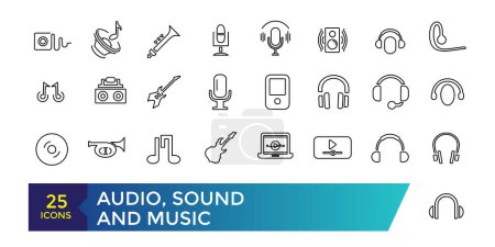 Audio, Sound and Music Icon set. Editable simple line stroke vector icon set,Sound Voulme Process, audio wave, soundbeat, speaker and more.