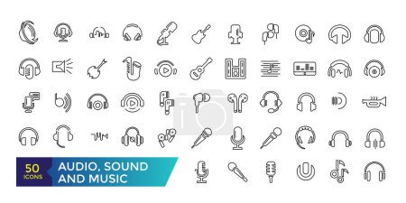 Audio-, Ton- und Musik-Icon-Set. Editierbare einfache Linien-Strich-Vektorsymbole, Sound-Voulme-Prozess, Audio-Welle, Soundbeat, Lautsprecher und mehr.