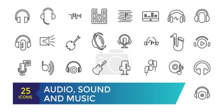 Audio-, Ton- und Musik-Icon-Set. Editierbare einfache Linien-Strich-Vektorsymbole, Sound-Voulme-Prozess, Audio-Welle, Soundbeat, Lautsprecher und mehr.