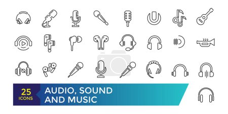 Téléchargez les illustrations : Icône audio, sonore et musicale. Ensemble d'icônes vectorielles de trait simple modifiable, Sound Voulme Process, onde audio, son, haut-parleur et plus encore. - en licence libre de droit