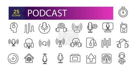 Podcast-Set von Web-Symbolen im Linienstil. Lernsymbole für Web und mobile App. E-Learning, Videotutorial, Wissen, Studium, Schule, Universität, Webinar.