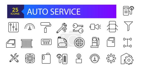 Ilustración de Establezca iconos de línea vectorial con servicio automático, reparación de automóviles y transporte con elementos para conceptos móviles y aplicaciones web. - Imagen libre de derechos