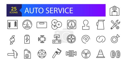 Ilustración de Establezca iconos de línea vectorial con servicio automático, reparación de automóviles y transporte con elementos para conceptos móviles y aplicaciones web. - Imagen libre de derechos