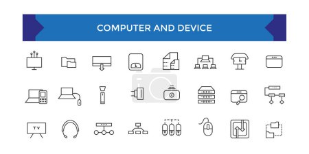 Conjunto de iconos de ordenador y dispositivo. Dispositivos electrónicos iconos de línea delgada. Esquema de colección de símbolos.