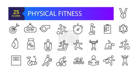 Fitness und Gym Line Symbole Vector Icons. Anpassung des Schlaggewichts Verwandte Vektorzeilen-Symbole. Set von Fitnessgeräten, sportliche Freizeitaktivitäten.