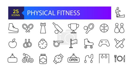 Fitness und Gym Line Symbole Vector Icons. Anpassung des Schlaggewichts Verwandte Vektorzeilen-Symbole. Set von Fitnessgeräten, sportliche Freizeitaktivitäten.