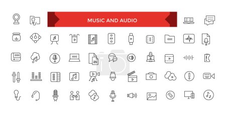 Musik und Audio Line Stroke Vector Icon Set, Sound Voulme, Audiowelle, Soundbeat, Lautsprecher.