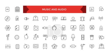 Musik und Audio Line Stroke Vector Icon Set, Sound Voulme, Audiowelle, Soundbeat, Lautsprecher.