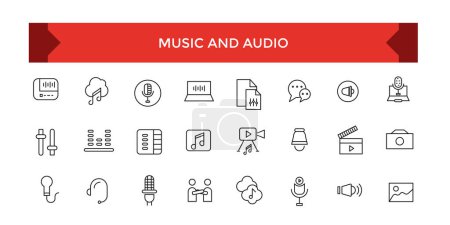 Music and Audio line stroke vector icon set, Sound Voulme, audio wave, soundbeat, speaker.