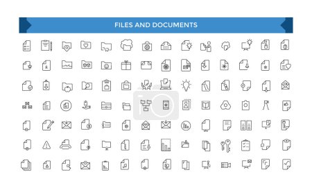 Ilustración de Conjunto de iconos de Archivos y Documentos. Iconos web de Office y Workplace en estilo de línea. Emplear, conferencia, proyecto, documento, negocio, trabajo, apoyo - Imagen libre de derechos