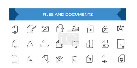 Ilustración de Conjunto de iconos de Archivos y Documentos. Iconos web de Office y Workplace en estilo de línea. Emplear, conferencia, proyecto, documento, negocio, trabajo, apoyo - Imagen libre de derechos