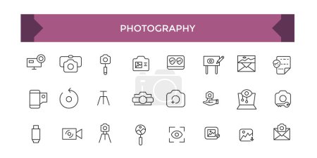 Conjunto de iconos de fotografía. luz de estudio, cámaras de cine y cámara en línea de trípode. Tecnología de lentes fotográficas, diferentes digitales y vintage.