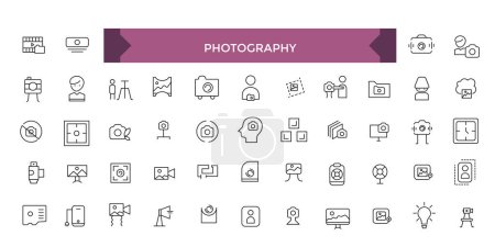 Illustration for Photography icon set. studio light, film cameras and camera on tripod line. Photo lens technology, different digital and vintage. - Royalty Free Image