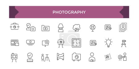 Conjunto de iconos de fotografía. luz de estudio, cámaras de cine y cámara en línea de trípode. Tecnología de lentes fotográficas, diferentes digitales y vintage.