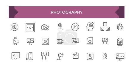 Illustration for Photography icon set. studio light, film cameras and camera on tripod line. Photo lens technology, different digital and vintage. - Royalty Free Image