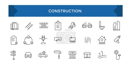 Bau- und Architektursymbolset in dünner Linie. Umrissene Symbolsammlung. Liniensymbole im Zusammenhang mit Arbeit, Bau, Arbeitstag, Renovierung.