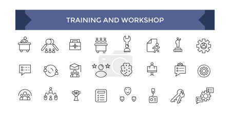 Colección de iconos de línea de entrenamiento. Conjunto de iconos de línea vectorial de formación empresarial para conceptos modernos.