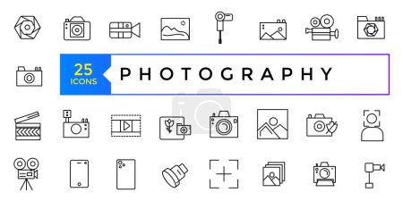 Fotógrafo, fotografía, tipos de fotografía - conjunto de iconos web de línea delgada. Esquema de iconos de fotos. Fotografía estudio de luz, cámaras de cine y cámara en línea de trípode.