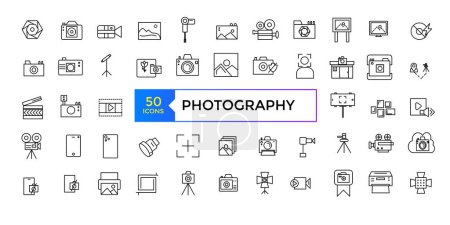 Illustration for Photographer, photography, types of Photography - thin line web icon set. Outline photo icons. Photography studio light, film cameras and camera on tripod line. - Royalty Free Image