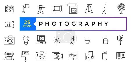 Illustration for Photographer, photography, types of Photography - thin line web icon set. Outline photo icons. Photography studio light, film cameras and camera on tripod line. - Royalty Free Image
