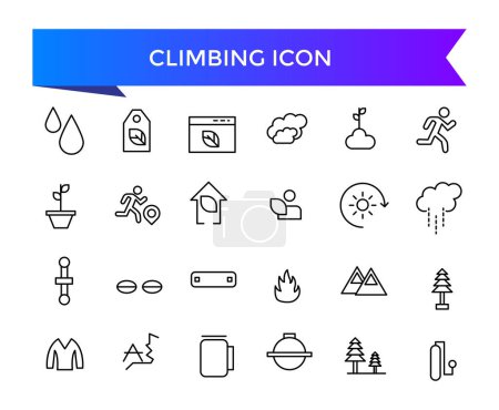 Téléchargez les illustrations : Collection d'icône grimpante. escalade, montagne, randonnée, échelle, corde, alpiniste, grimpeur et plus encore. Ensemble d'icônes vectorielles de ligne. - en licence libre de droit