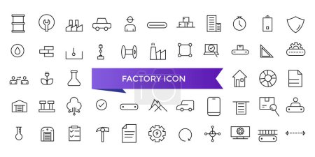 Factory icon collection. industry, production, machine, manufacture, warehouse, fabrication, goods and more. Line vector icons set.