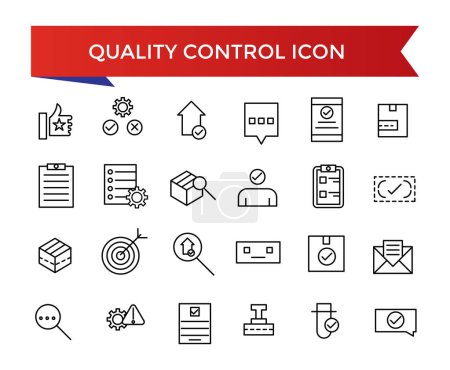 Sammlung von Qualitätskontrollsymbolen. Bewertung, Produkt, Qualitätssicherung, Prozess, Prüfung und mehr. Linienvektorsymbole gesetzt.