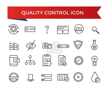 Sammlung von Qualitätskontrollsymbolen. Bewertung, Produkt, Qualitätssicherung, Prozess, Prüfung und mehr. Linienvektorsymbole gesetzt.