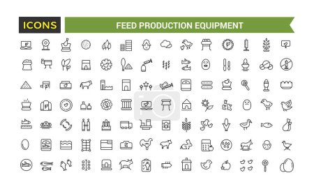 Illustration for Feed Production Equipment Icon Set, Set Of Compound Feed Plant, Screw Conveyor, Pellet Cooler, Extruder Machine, Drum Dryer, Animal Feed Storage Silos Vector Icons, Vector Illustration - Royalty Free Image