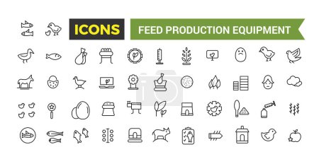 Illustration for Feed Production Equipment Icon Set, Set Of Compound Feed Plant, Screw Conveyor, Pellet Cooler, Extruder Machine, Drum Dryer, Animal Feed Storage Silos Vector Icons, Vector Illustration - Royalty Free Image