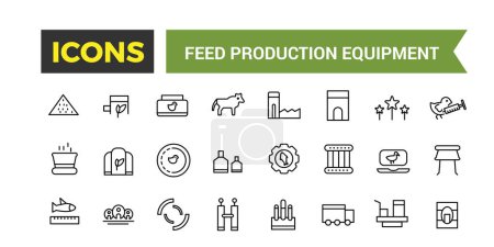 Feed Production Equipment Icon Set, Set Of Compound Feed Plant, Screw Conveyor, Pellet Cooler, Extruder Machine, Drum Dryer, Animal Feed Storage Silos Vector Icons, Vector Illustration
