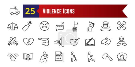 Violence icons set. Outline set of violence icons for web design isolated. Outline icon collection. Editable stroke.