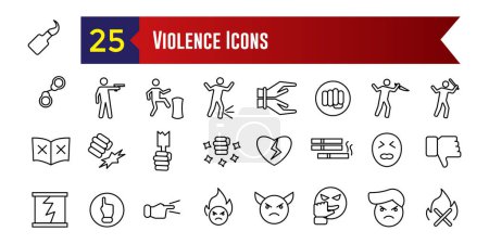 Violence icons set. Outline set of violence icons for web design isolated. Outline icon collection. Editable stroke.