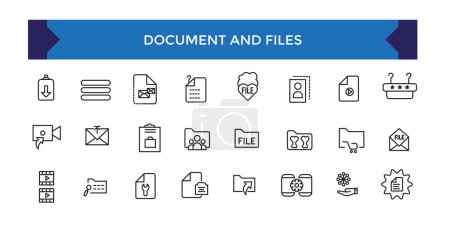 Dokument- und Dateisymbole gesetzt. Web-Symbole für Büro und Arbeitsplatz im Linienstil. Mitarbeiter, Konferenz, Projekt, Dokument.