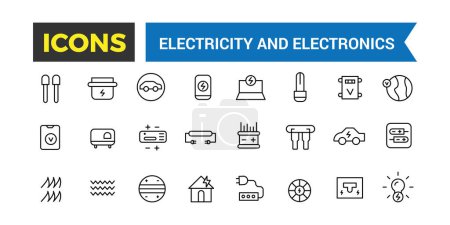 Illustration for Electricity and Electronics Icon Set, Set Of Home Electrification, Electrical Wire And Cable, Electricity Meter, Junction Box, Outlet And Switch, Extension Cord, Power Strip Vector Icons, Vector Illustration - Royalty Free Image
