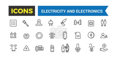 Illustration for Electricity and Electronics Icon Set, Set Of Home Electrification, Electrical Wire And Cable, Electricity Meter, Junction Box, Outlet And Switch, Extension Cord, Power Strip Vector Icons, Vector Illustration - Royalty Free Image