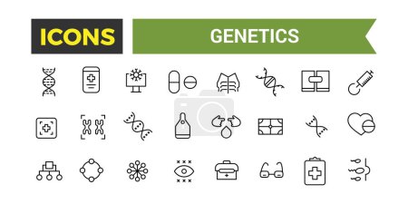 Illustration for Genetics Icons Set, Set Of Genes, Dna Structure, Chromosomes, Genetic Engineering, Test Tubes, Microscope, Science Lab Vector Icon With Editable Stroke, Vector Illustration - Royalty Free Image