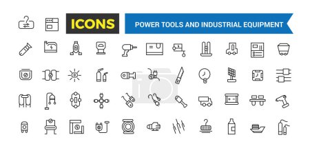 Illustration for Power Tools And Industrial Equipment Icons Set, Set Of Electric Tools And Instruments, Welding Equipment, Air Compressor Machines Vector Icons, Vector Illustration - Royalty Free Image