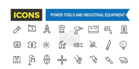 Illustration for Power Tools And Industrial Equipment Icons Set, Set Of Electric Tools And Instruments, Welding Equipment, Air Compressor Machines Vector Icons, Vector Illustration - Royalty Free Image