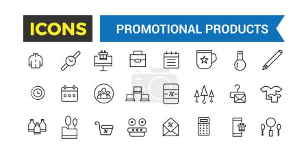 Werbe-Produkte Symbole gesetzt. Set Markenmützen, T-Shirts, Tassen, Planer, Kalender, Werbegeschenke. Thin outline icons pack. Vektorillustration.