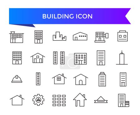 Illustration for Building icon collection. Related to house, office, bank, school, hotel, shop, university and hospital icons. Line icon set. - Royalty Free Image