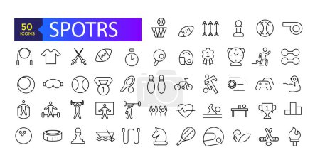 Sammlung von Sport-Vektor-Linien-Symbolen. Ikonen des aktiven Lebensstils, Hobbys, Sportgeräte und Bekleidung.
