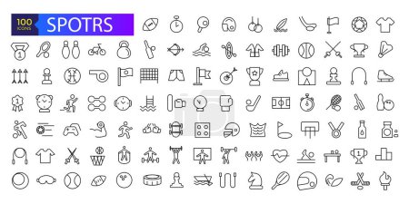 Collection of sports vector line icons. Icons of active lifestyle, hobbies, sports equipment and clothing.