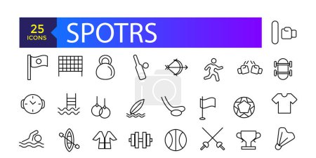 Collection of sports vector line icons. Icons of active lifestyle, hobbies, sports equipment and clothing.