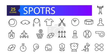 Sammlung von Sport-Vektor-Linien-Symbolen. Ikonen des aktiven Lebensstils, Hobbys, Sportgeräte und Bekleidung.