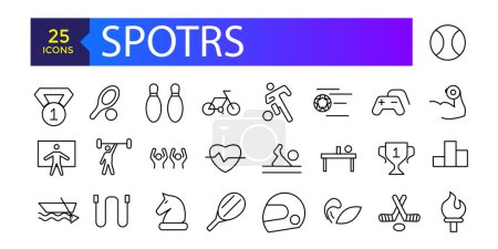Colección de iconos de línea de vectores deportivos. Iconos de estilo de vida activo, pasatiempos, equipo deportivo y ropa.